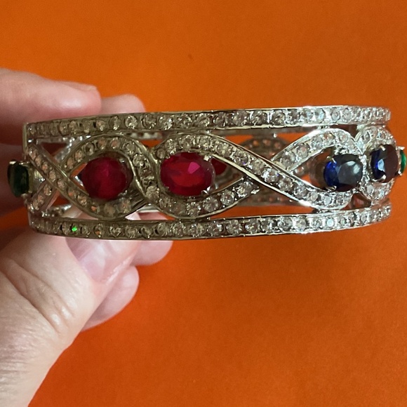 NWT Sterling Silver 925 Genuine Ruby/Emerald/Sapphire White Crystal wide bracele - Picture 8 of 15